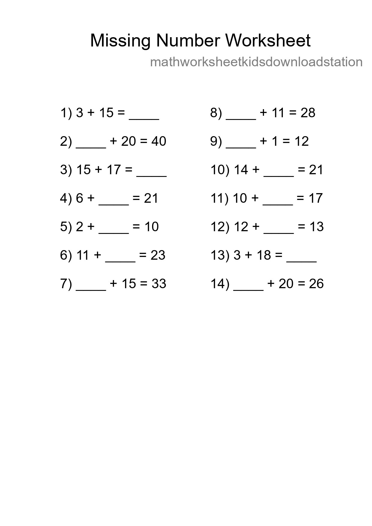 Missing Number Math Worksheet