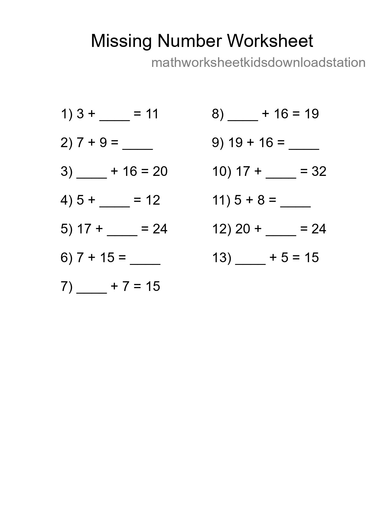 Missing Number Math Worksheet