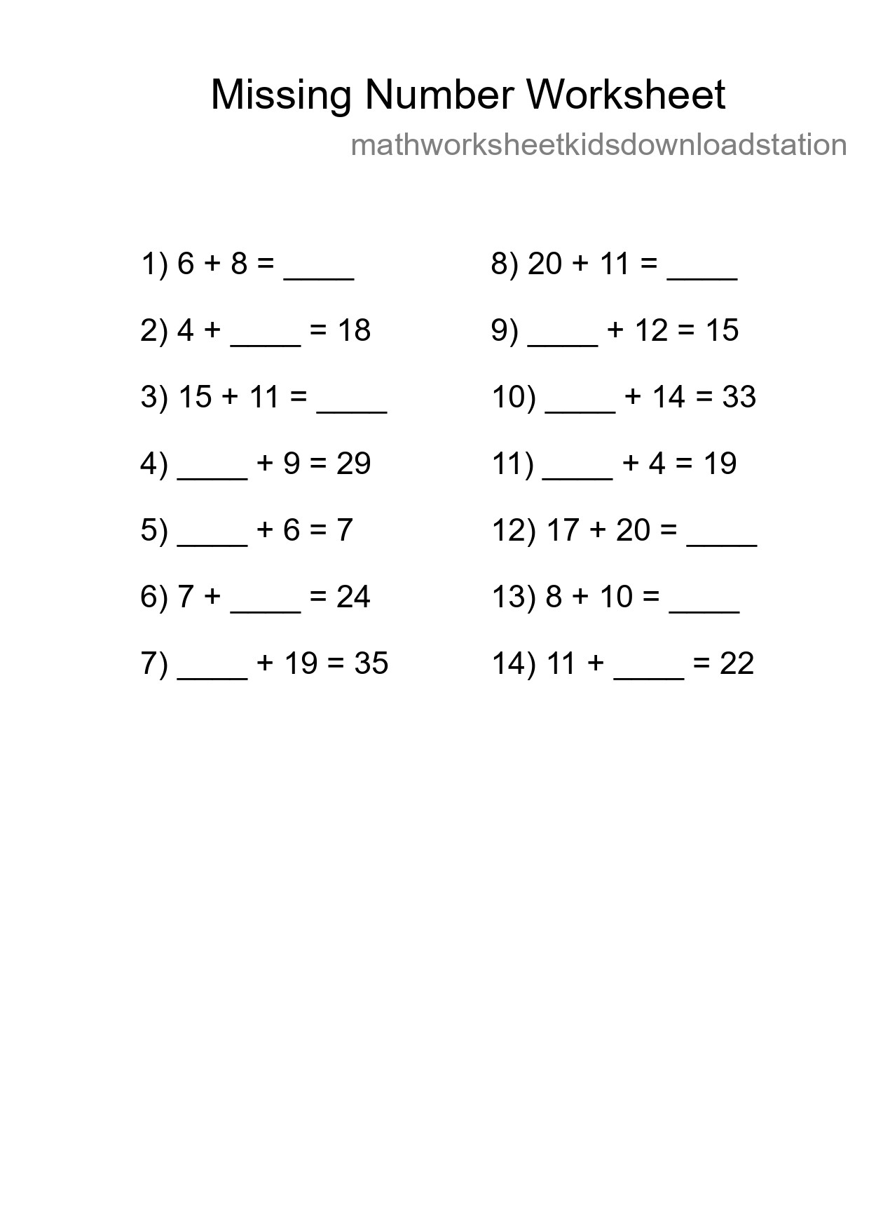 Missing Number Math Worksheet