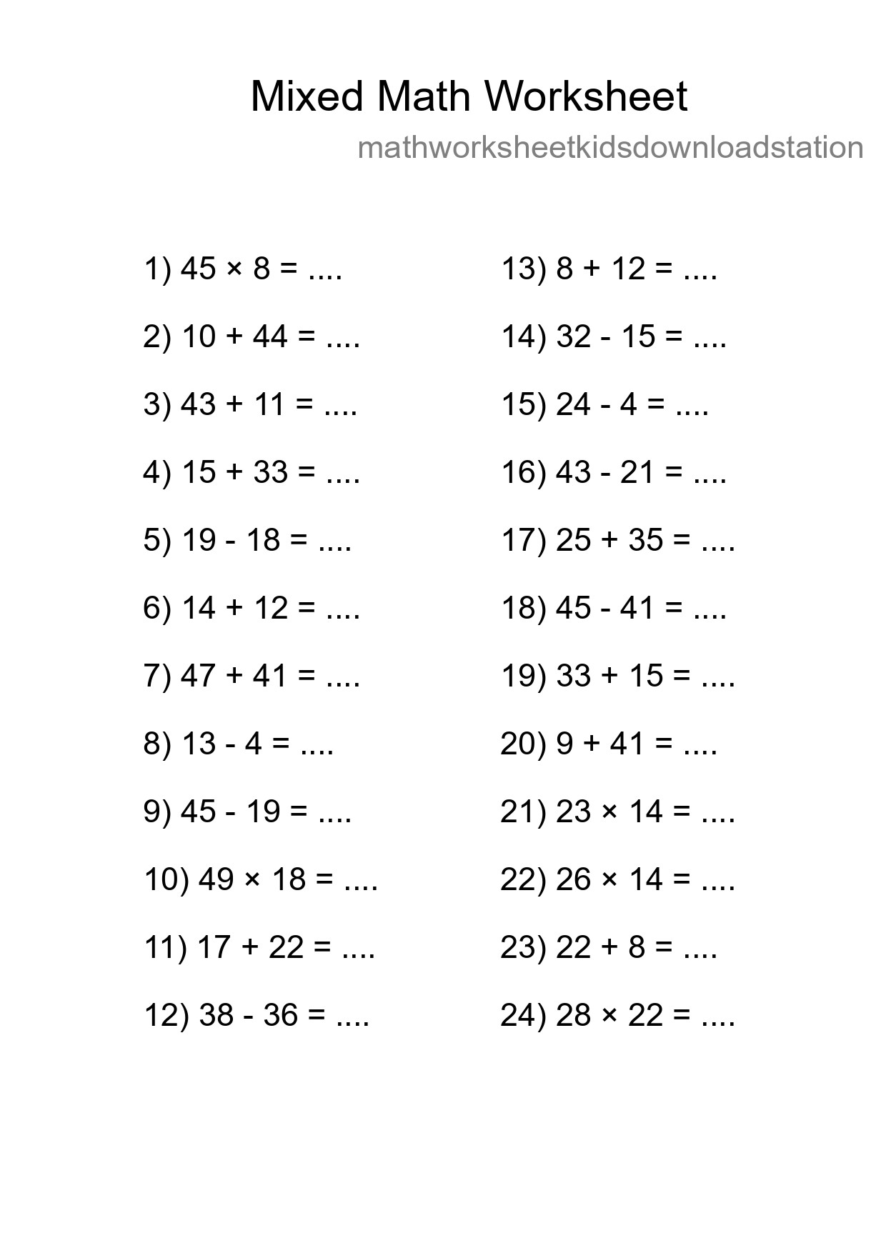 Mixed Operations Math Worksheet