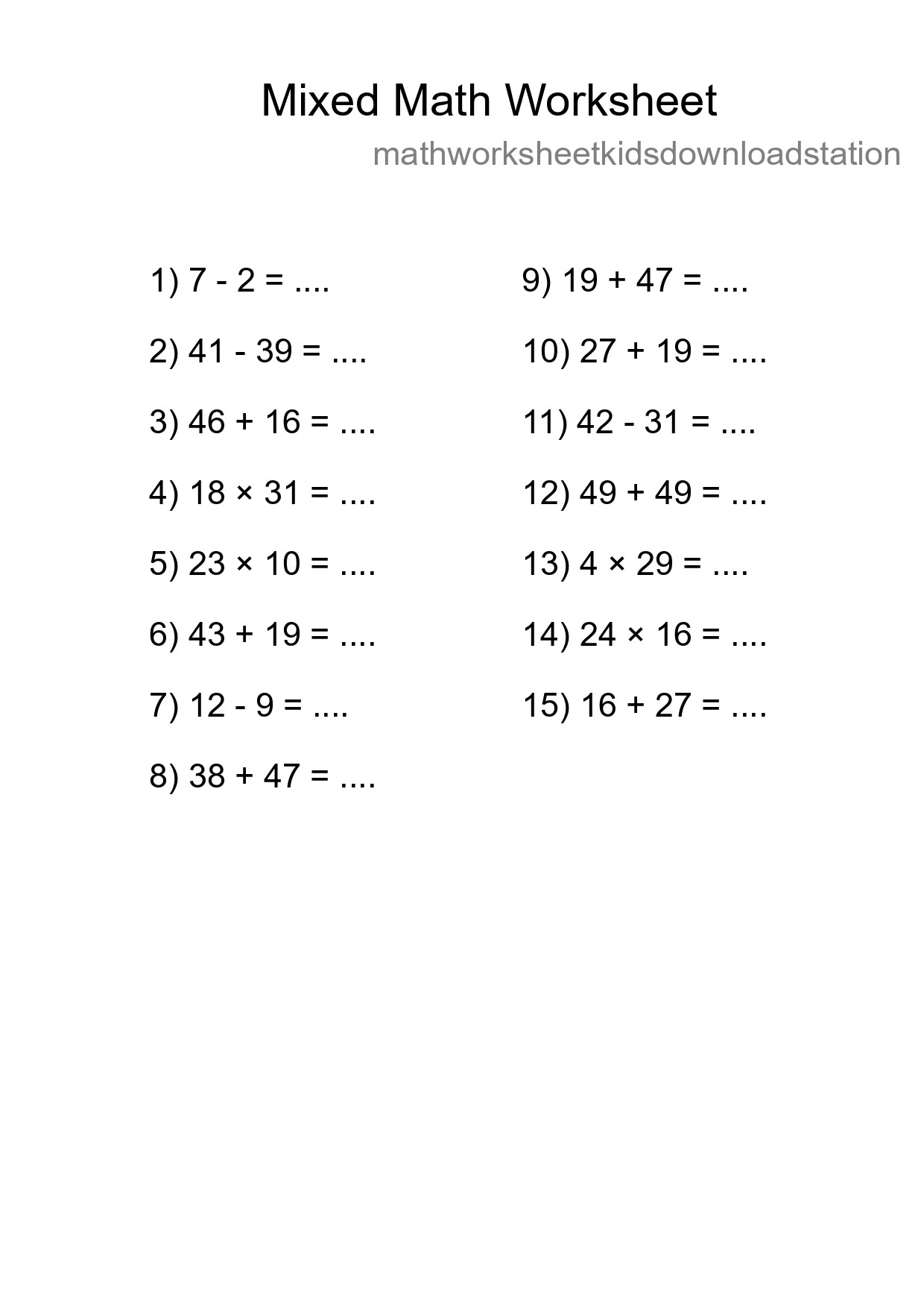 Mixed Operations Math Worksheet