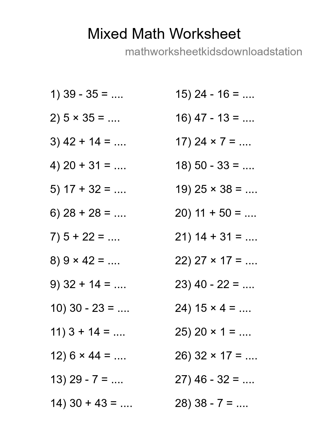 Mixed Operations Math Worksheet