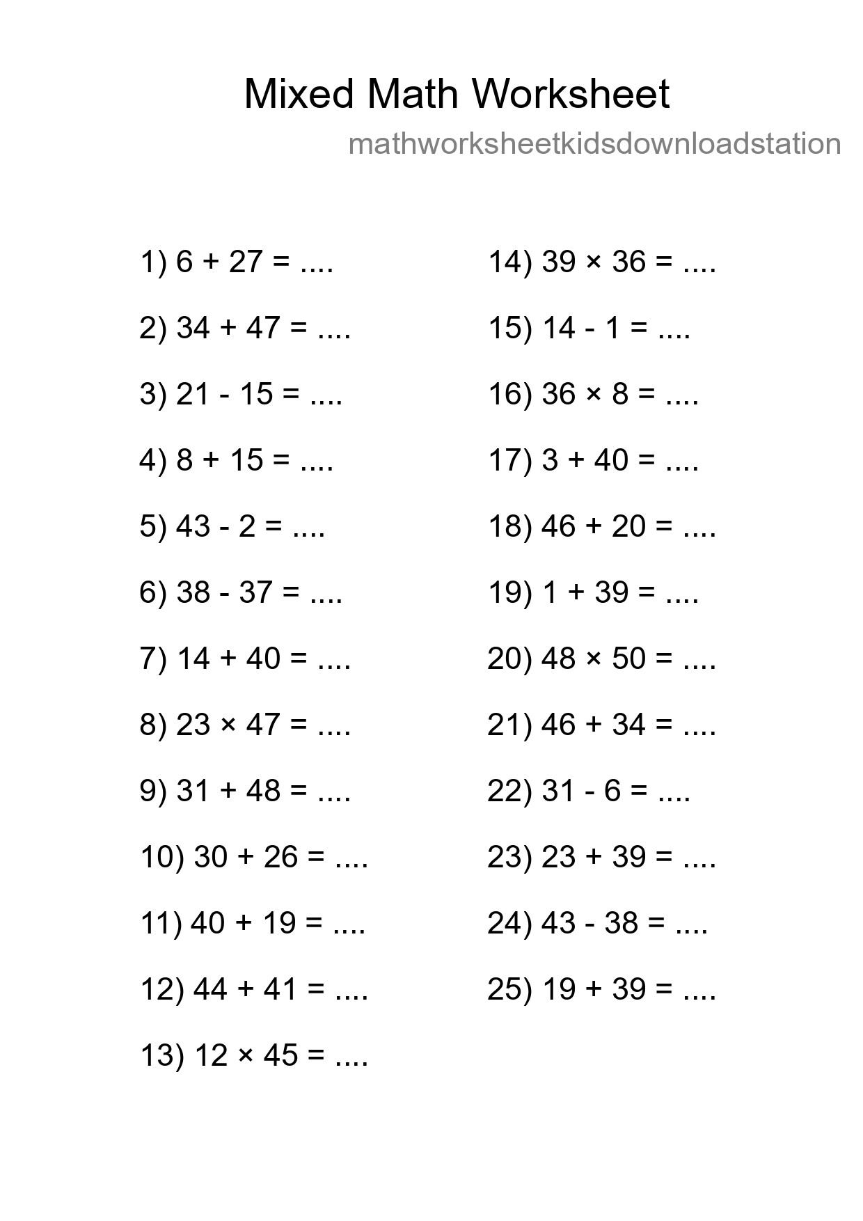Mixed Operations Math Worksheet
