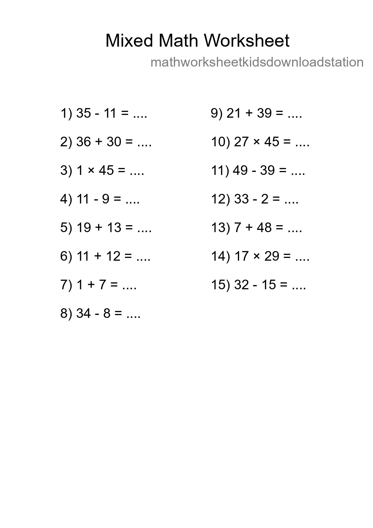 Mixed Operations Math Worksheet