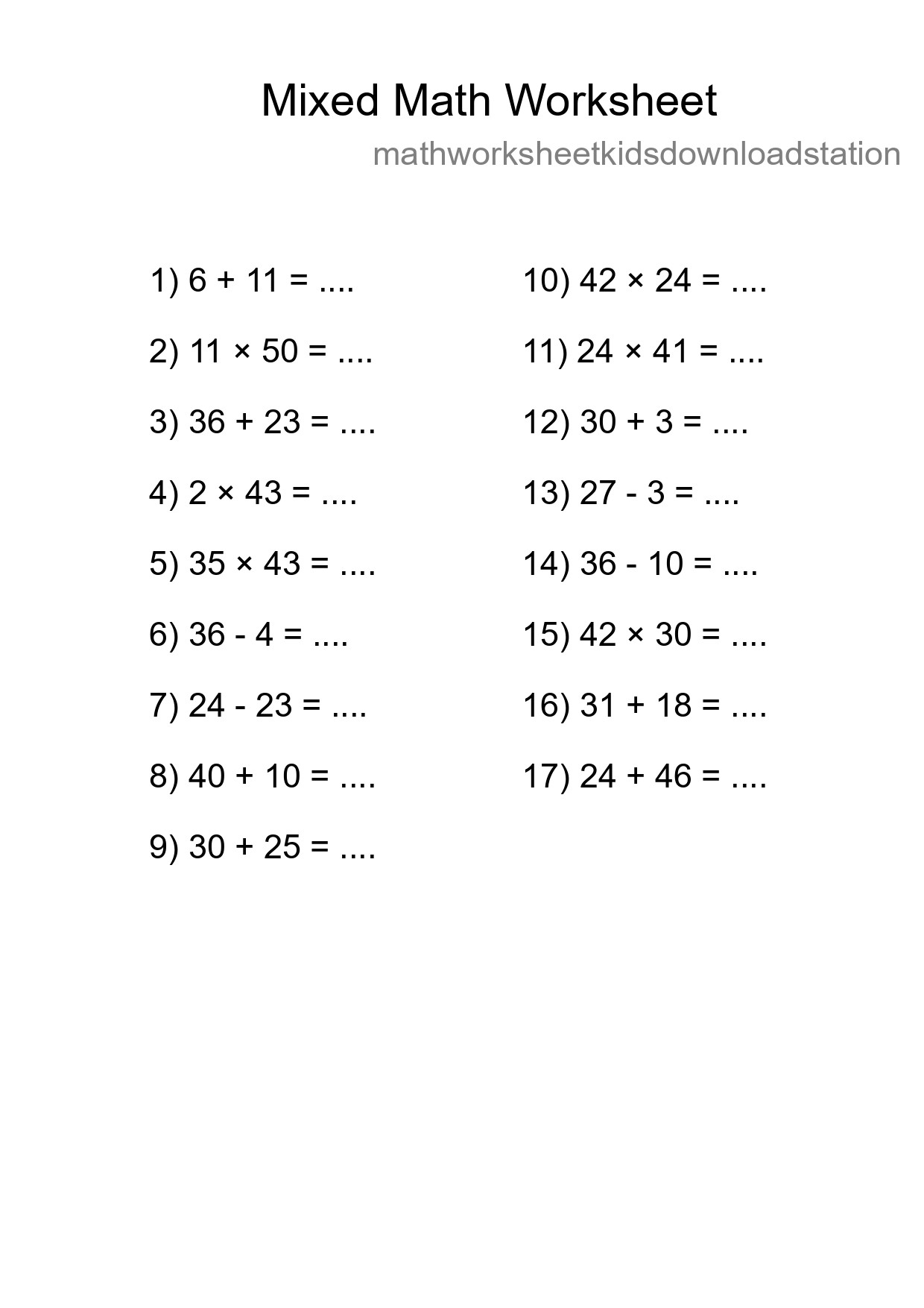Mixed Operations Math Worksheet