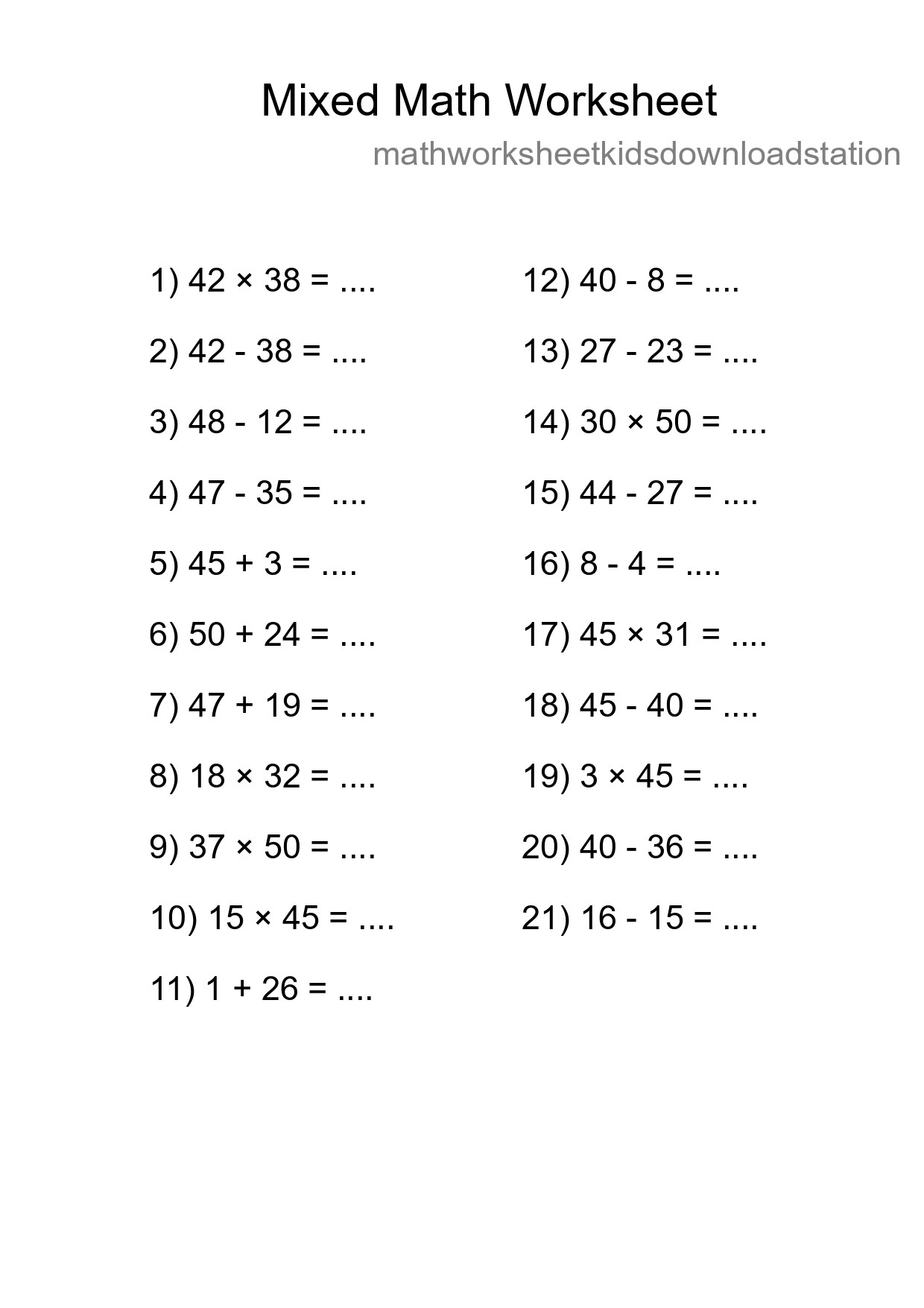 Mixed Operations Math Worksheet