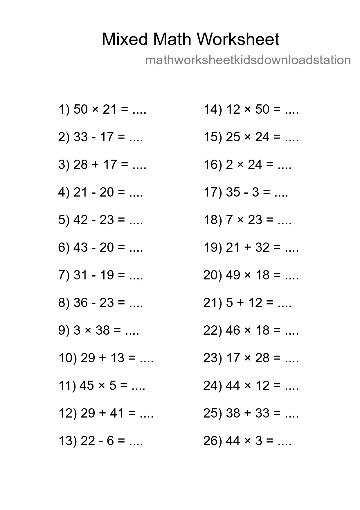 Mixed Operations Math Worksheet