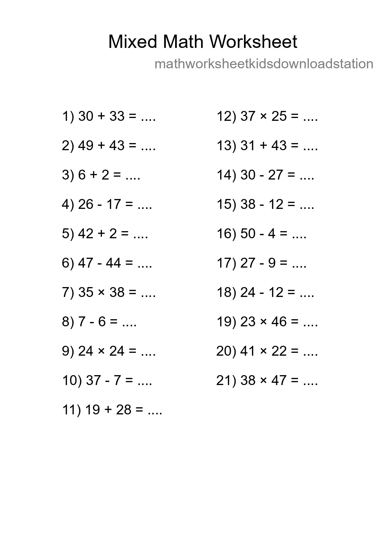 Mixed Operations Math Worksheet