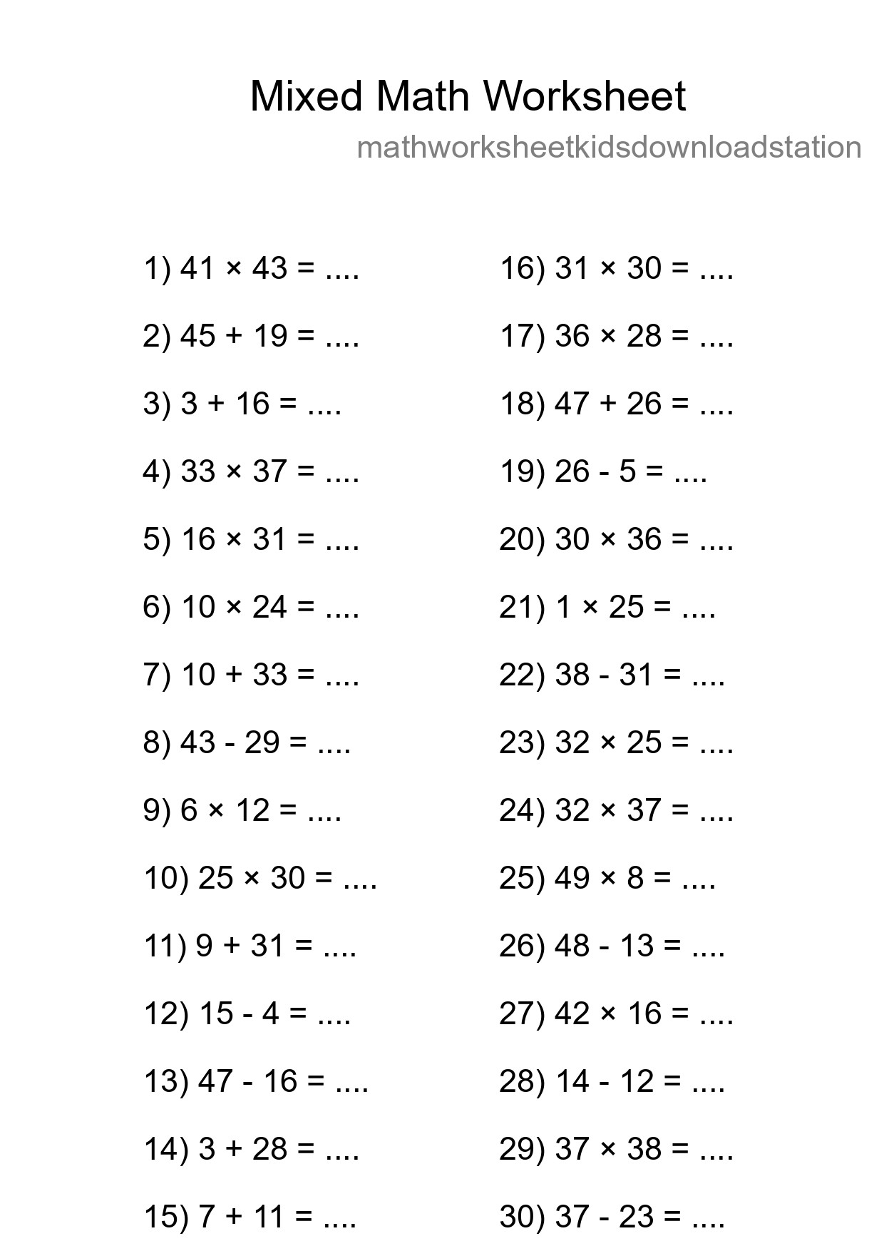 Mixed Operations Math Worksheet