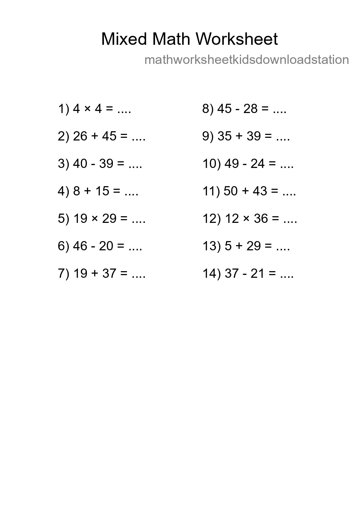 Mixed Operations Math Worksheet