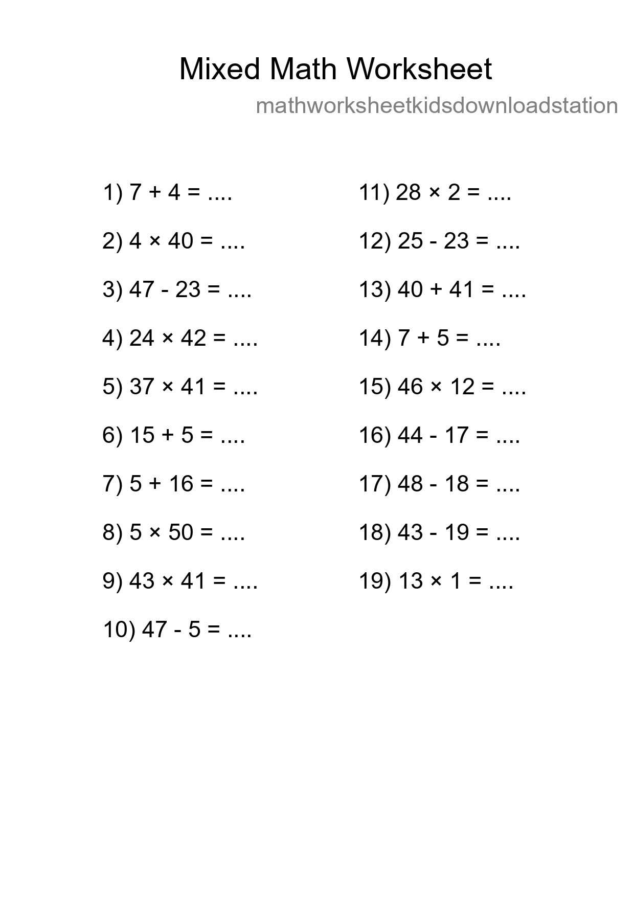 Mixed Operations Math Worksheet