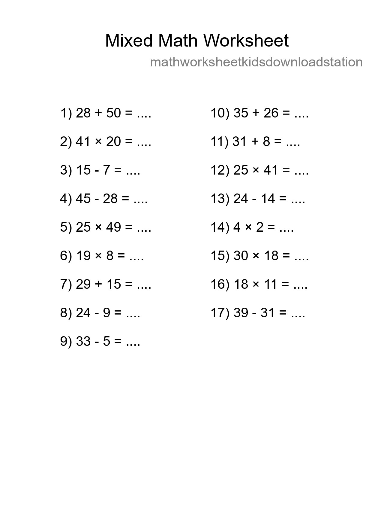 Mixed Operations Math Worksheet
