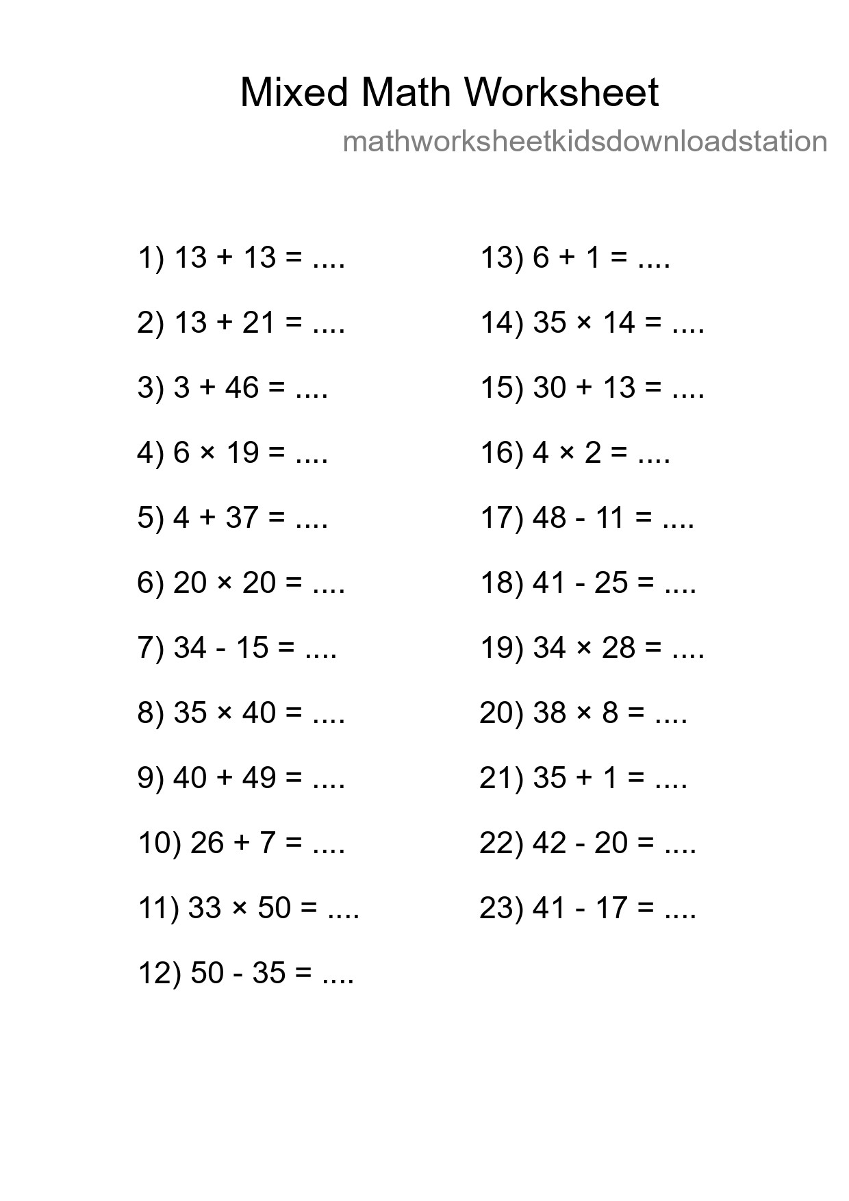 Mixed Operations Math Worksheet