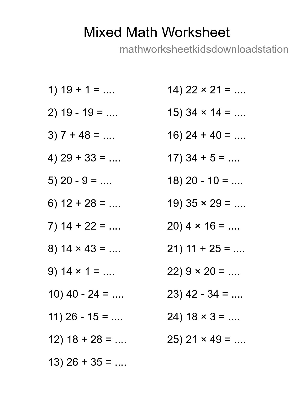 Mixed Operations Math Worksheet