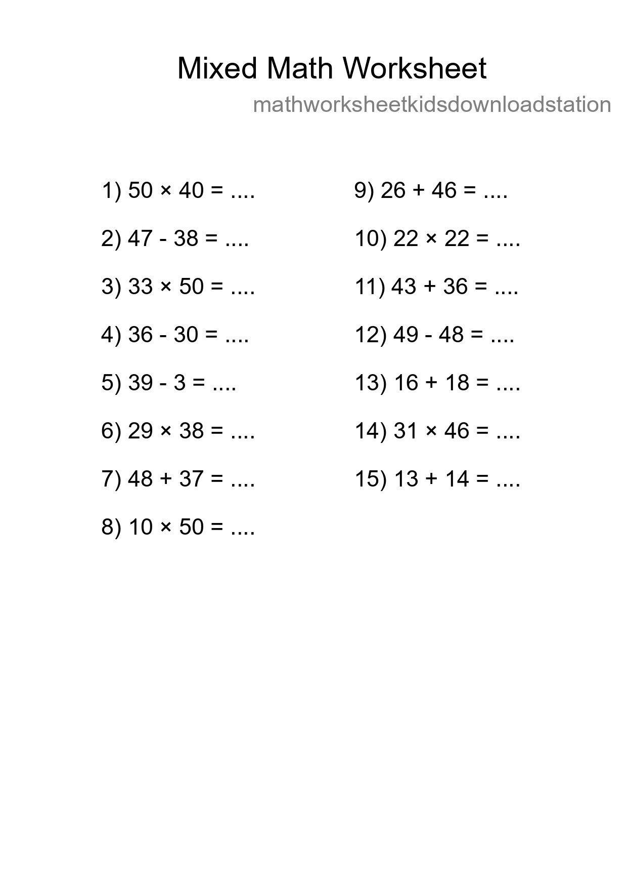 Mixed Operations Math Worksheet