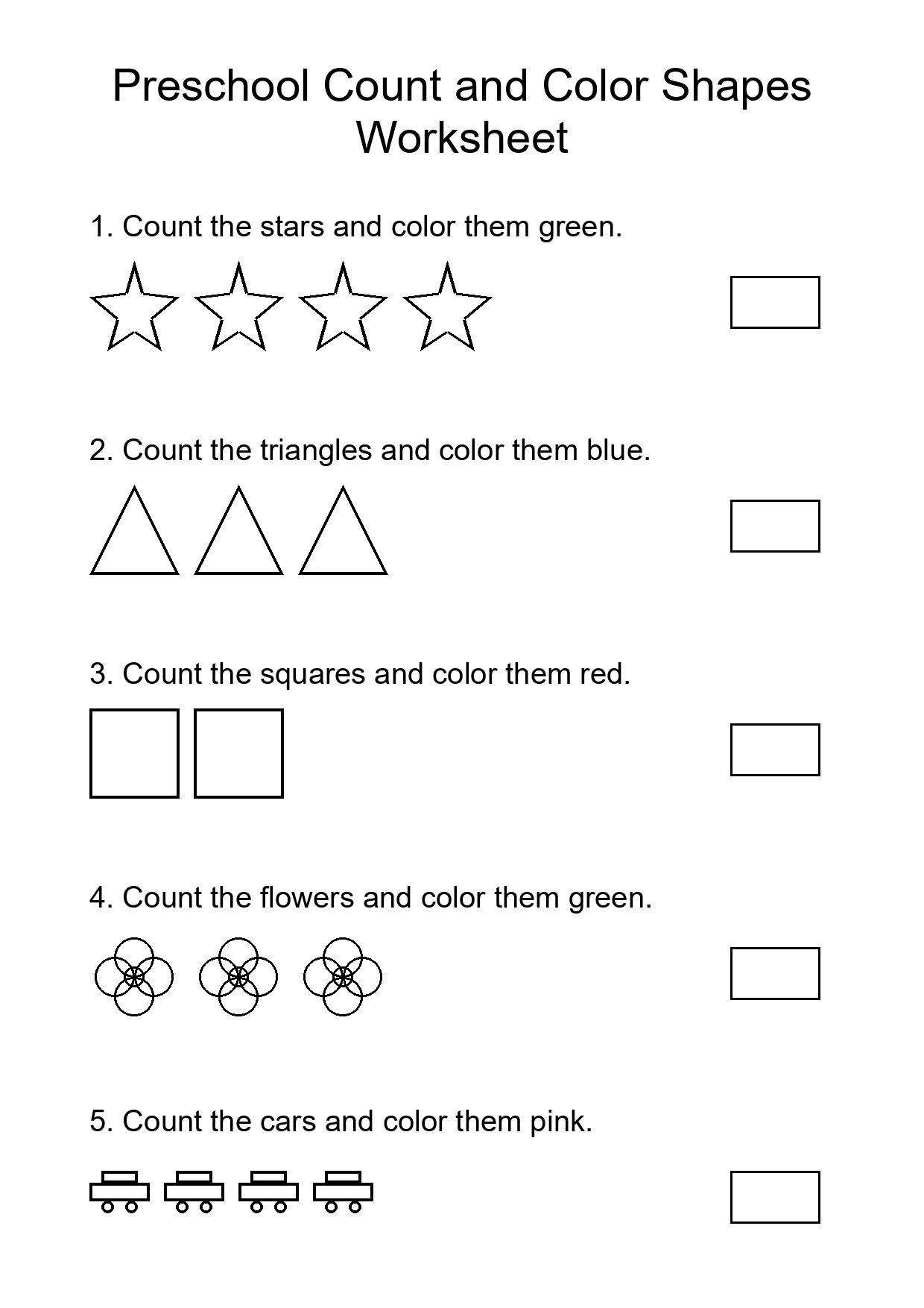 Preschool Count and Color Shapes Worksheet