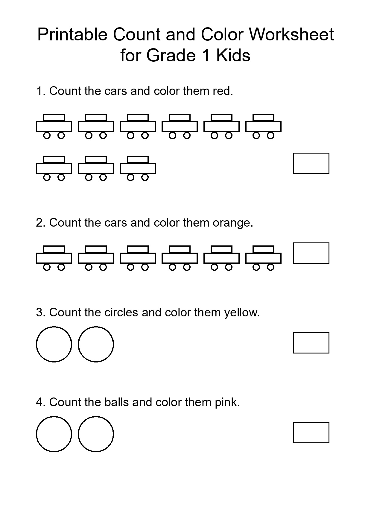 Printable Count and Color Worksheet for Grade 1 Kids