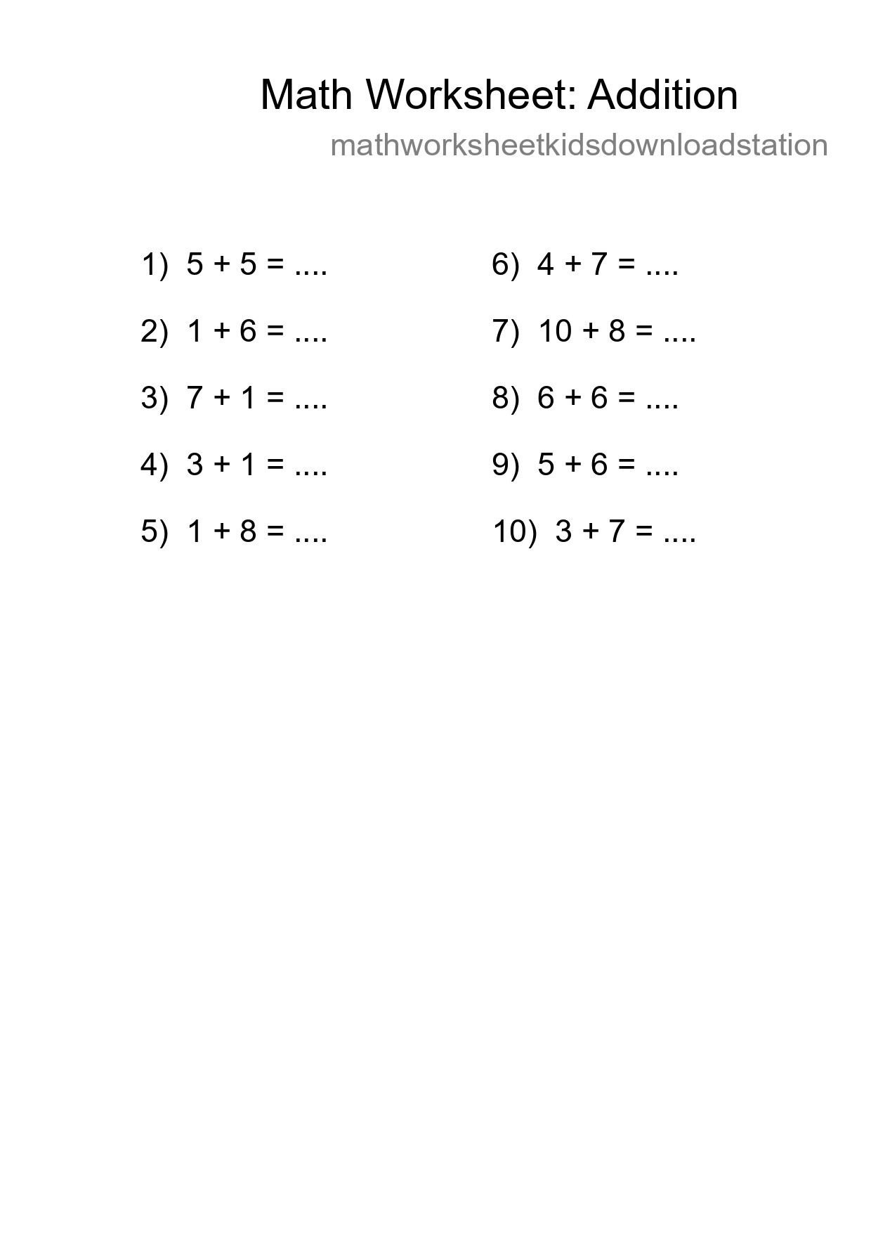 Printable Free 10 Addition Math Worksheet For Grade 1 - Part 221