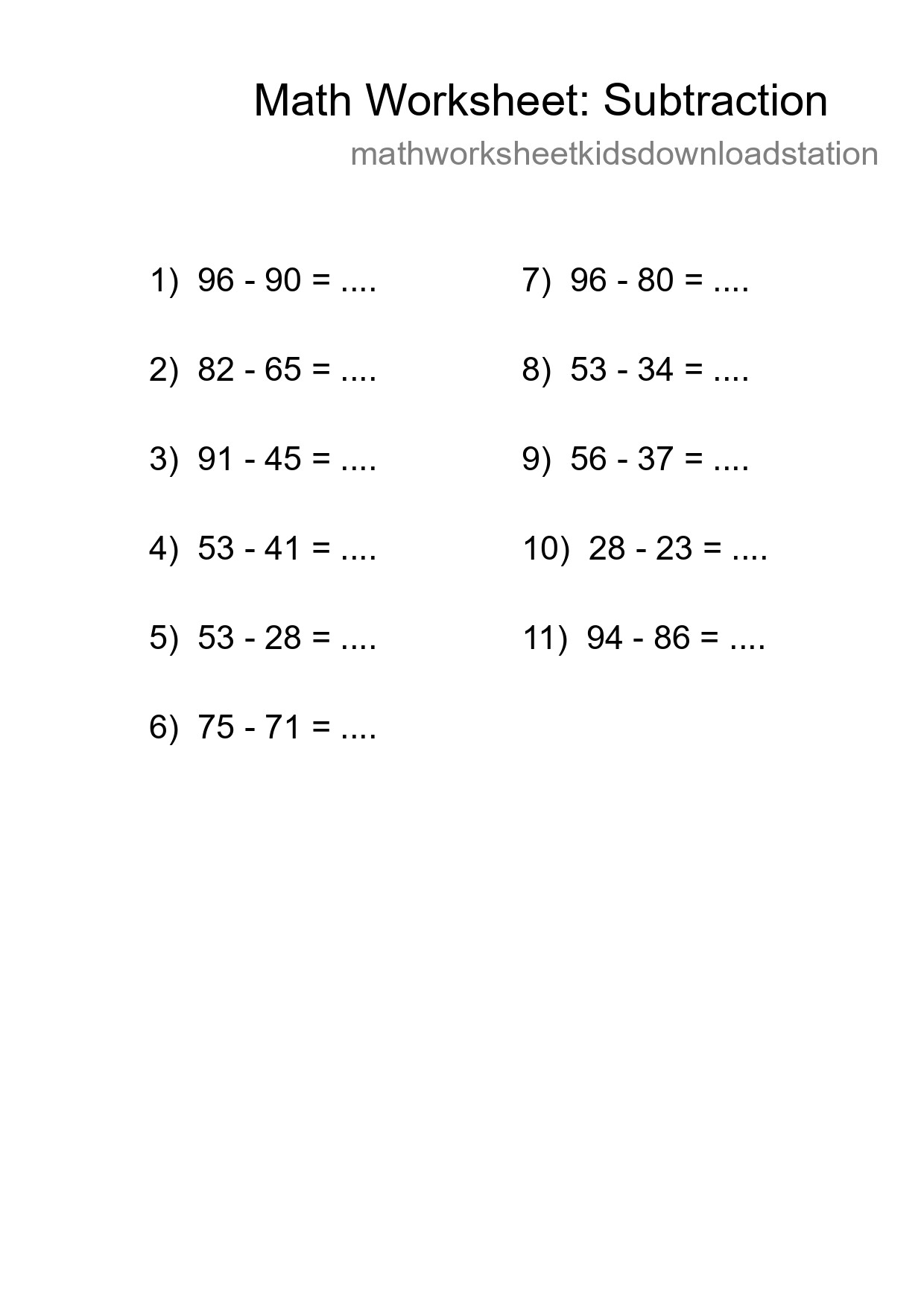 Printable Free 11 Subtraction Math Worksheet For Grade 3 - Part 107