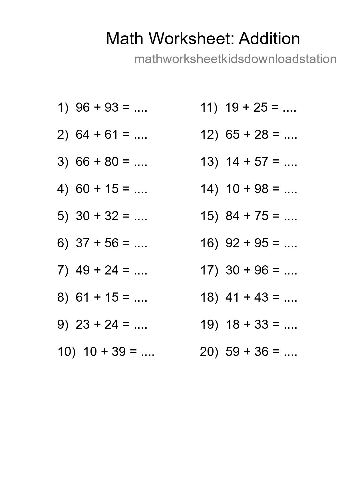 Printable Free 20 Addition Math Worksheet For Grade 3
