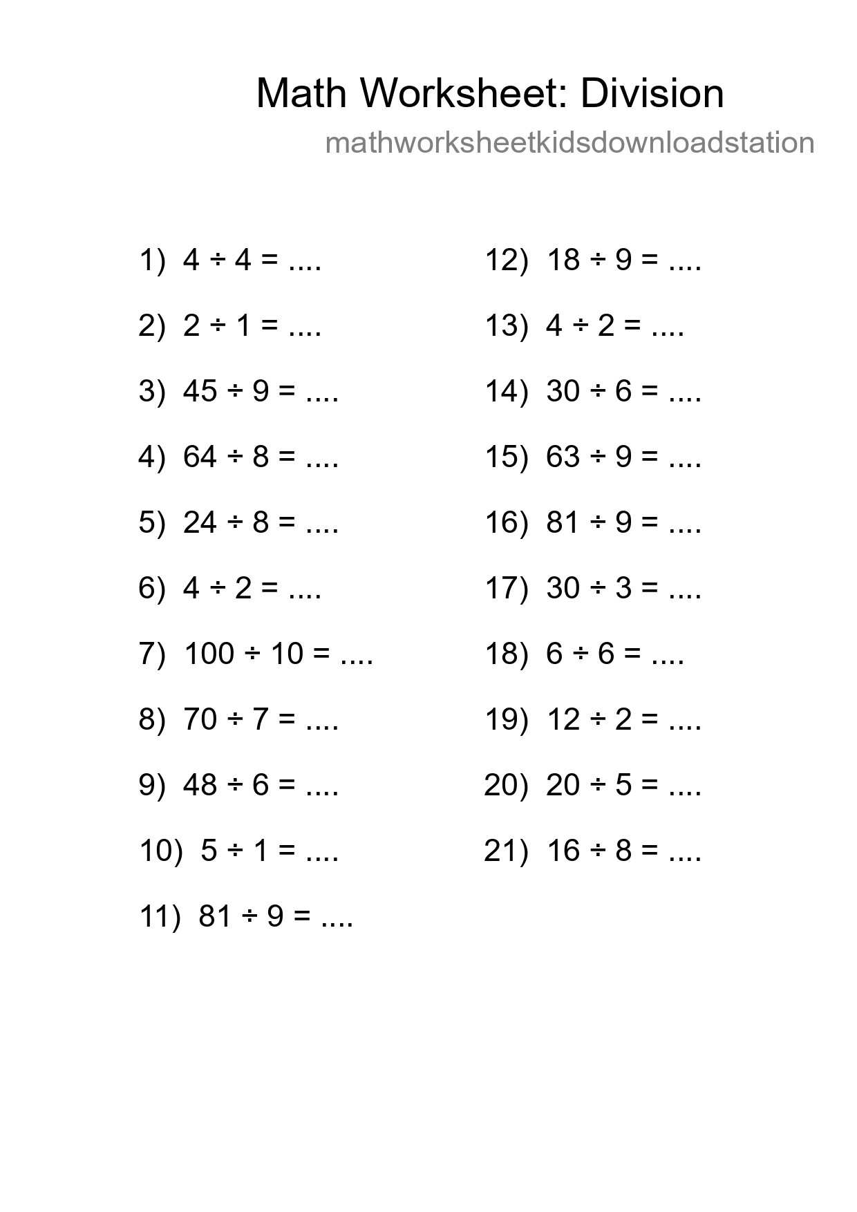 Printable Free 21 Division Math Worksheet For Grade 1 - Part 4