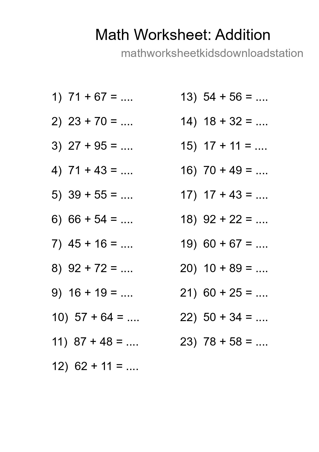 Printable Free 23 Addition Math Worksheet For Grade 3 - Part 12
