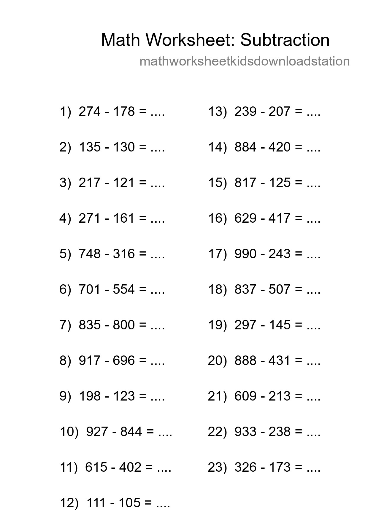 Printable Free 23 Subtraction Math Worksheet For Grade 5 - Part 118