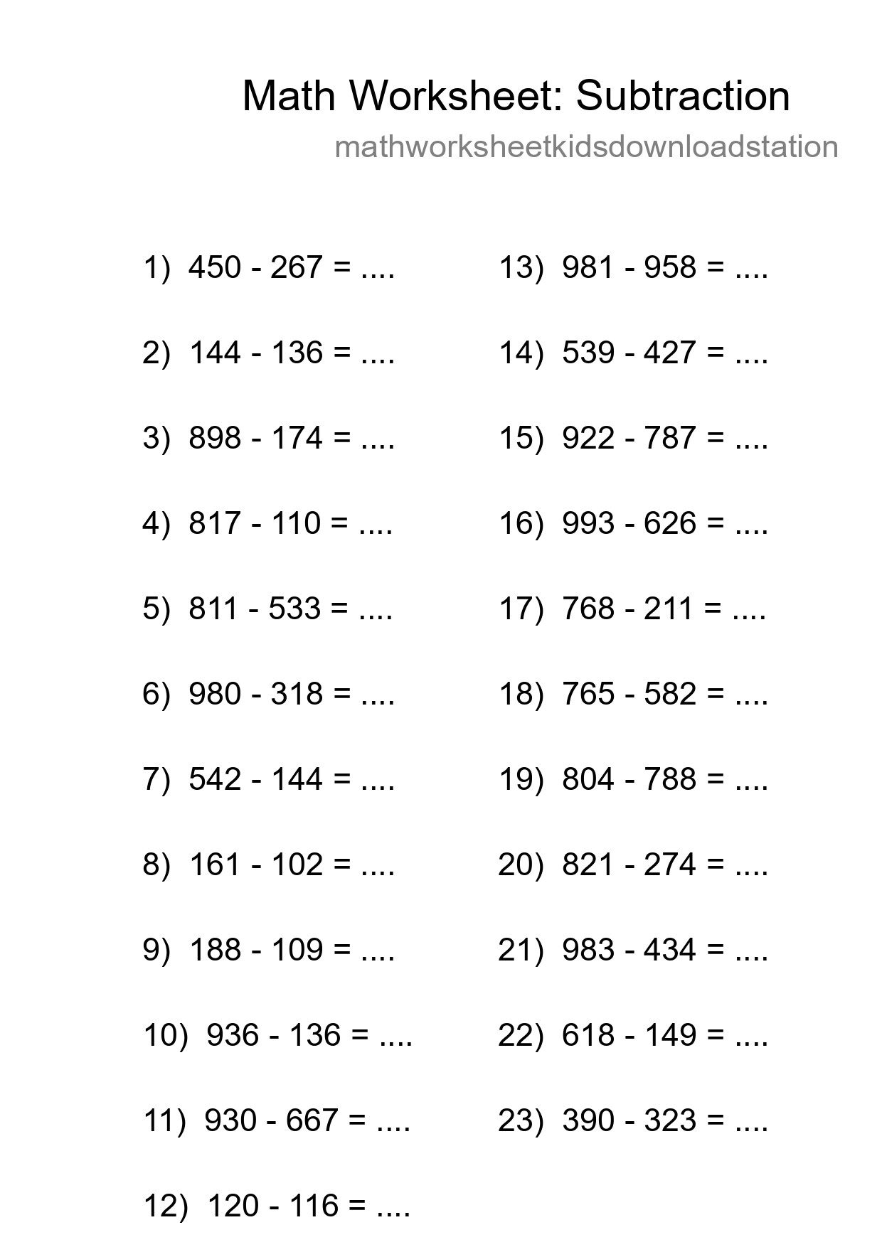 Printable Free 23 Subtraction Math Worksheet For Grade 5 - Part 129