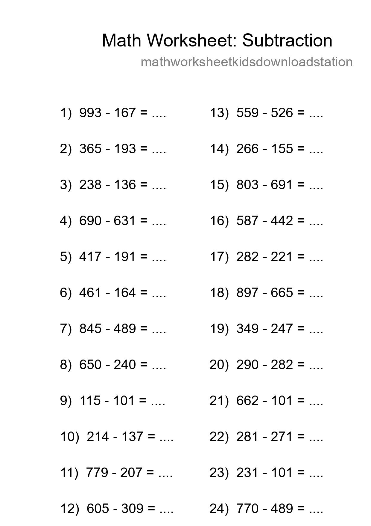 Printable Free 24 Subtraction Math Worksheet For Grade 5 - Part 206